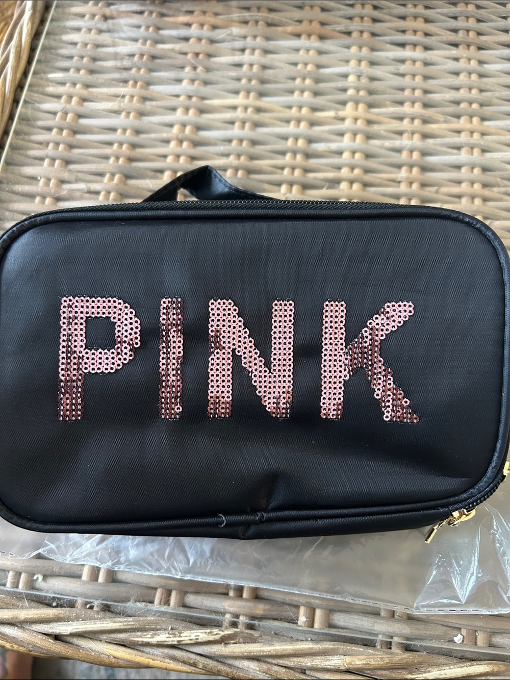 PINK Sequin Logo Black Cosmetic Case